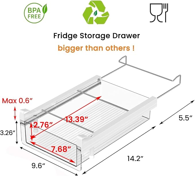 Large Fridge Under Shelf Drawer, Pull Out Refrigerator Drawer Organizer Fridge Organizer Bins, Fridge Storage Container Holder for Produce, Deli Meat, Cheese, Bacon, Easy to Install-L - Image 2