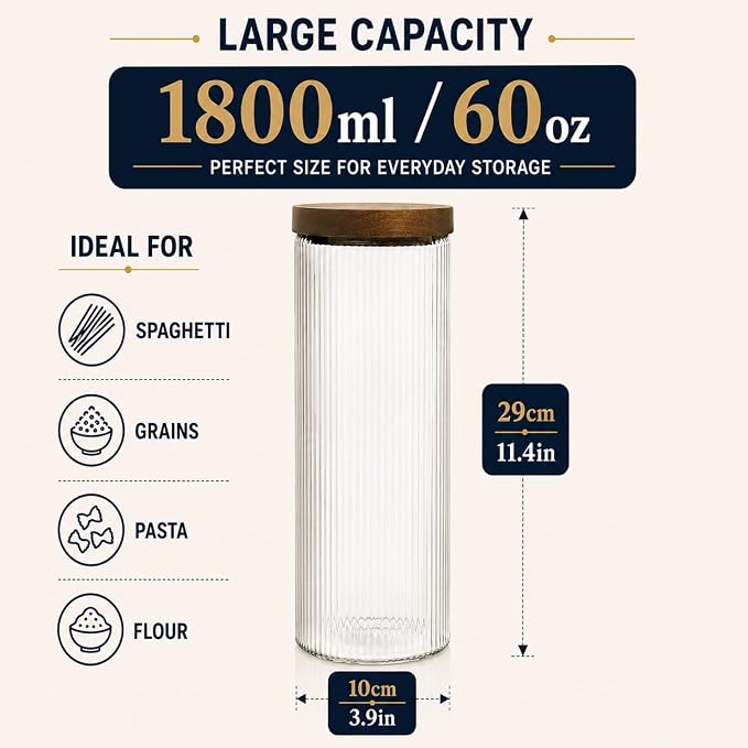 Mason & Fable Ribbed Glass Canisters or Spaghetti Jars with Airtight Wood Lid- Tall Storage Containers for Pasta, Cereal or Flour -Ideal for Kitchen/Pantry Organization - 60 fl.oz, Set of 2 - Image 3