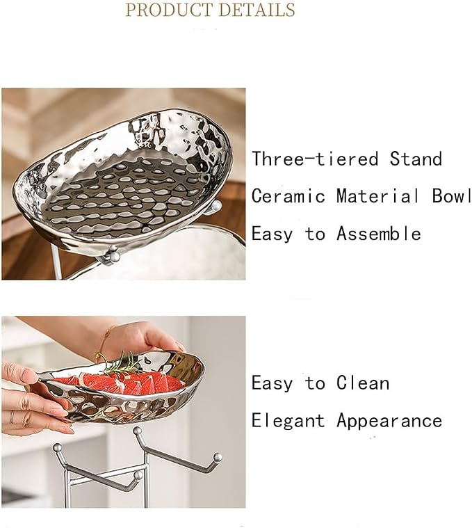 3-Tier Fruit Bowls for Kitchen Counter,Ceramic Bowl with Silver Metal Stand,3 Tier Fruit Basket for Fruit,Snack,Cake,Nuts,Dessert Storage - Image 3