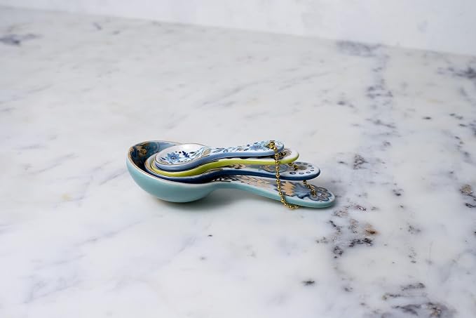 Mary DiSomma’s Ceramic Measuring Spoons (Set of 4) | Unique Signature Floral Print Design for each, Gold Overlay, Teal, Blue, Robin’s Egg Blue, Lime Green, Metallic Gold Chain, Boxed gift set - Image 6