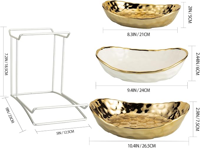 3 Tier Ceramic Fruit Basket for Kitchen Counter with Metal Stand, Fruit Bowls with Rack, Porcelain Bowls for Vegetable Bread Candy Snack Nuts Dessert Cake Tray (Gold Triple Layer) - Image 5