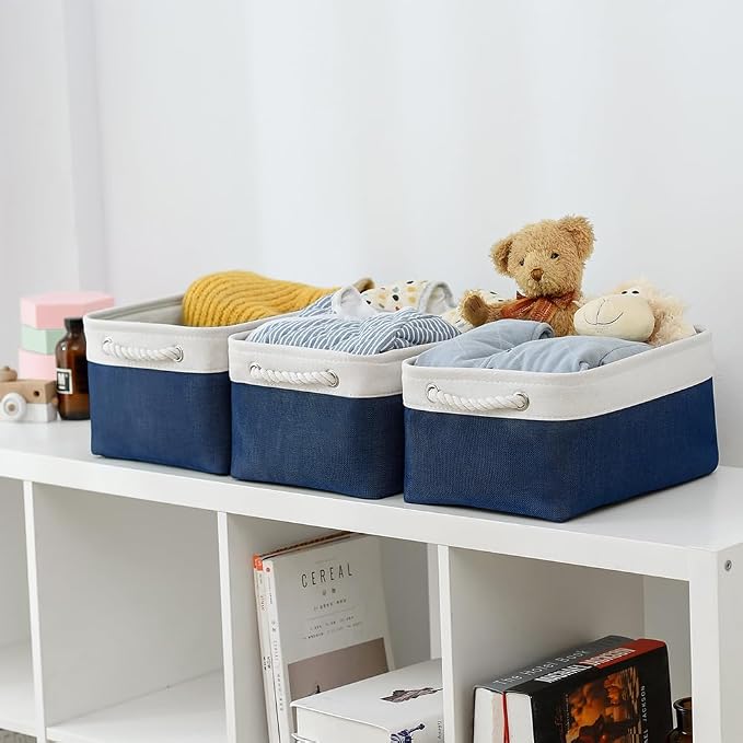 Storage Basket for Organizing - Medium 3 Pack 14x10x7 inch Fabric Storage Cubes for Shelves with Rope, Collapsible Storage Bin for Organizer Closet Cloth Gift Toy (White & Jean Blue) - Image 2