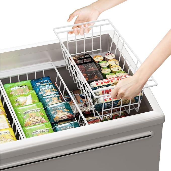 Slideep 17.5'' Large Storage Baskets Chest Freezer Organizer, Sturdy Metal Wire Pantry Freezer Bin for Home Kitchen Organization 2 Packs, White - Image 5