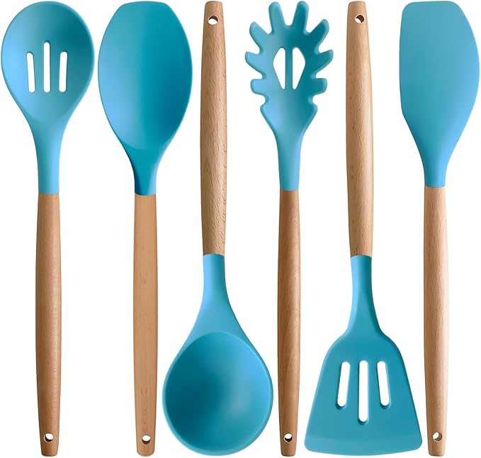 Kitchen Utensils Set 6-Piece Non-Stick Silicone Cooking Utensils Set, Wood Handle Heat Resistant Spatula Spoon Turner Ladle Pasta Server Cooking Kitchen Gadgets BPA Free for Nonstick Cookware by IOCBYHZ