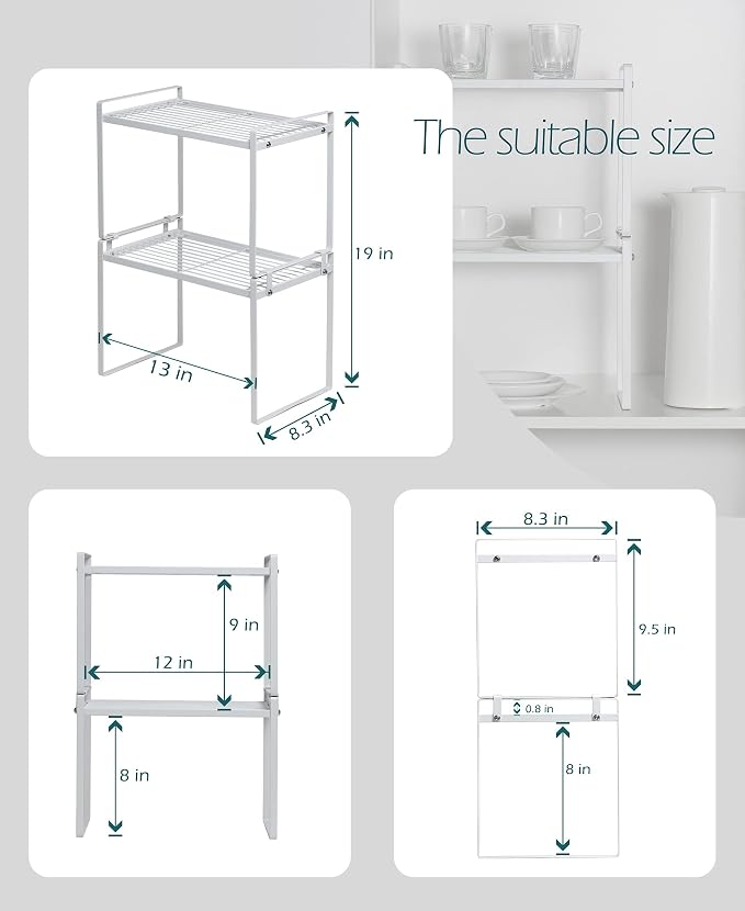 Shantton 2pk Kitchen Cabinet Shelf Counter Organizer Rack Pantry Storage Bathroom Bedroom Office Table Desk Space Saving Steel Frame Stackable Rust Resistant Non Slip White-Tall- L13in W8.3in H9.5in | 2-Pack Stackable Metal Riser Holds 40LBS with Non-S... - Image 3