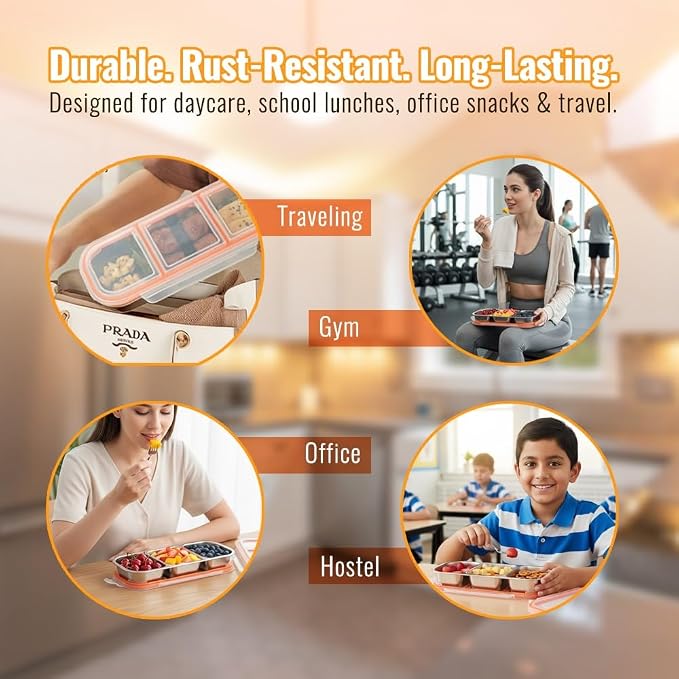 Set of 3 Pack Stainless Steel Snack Container,3 Compartment Bento Lunch Box with Leakproof Grey & Orange Lid,Reusable Metal Food Storage Container,Portable Snack Box for Work,1.5 lb Capacity - Image 9