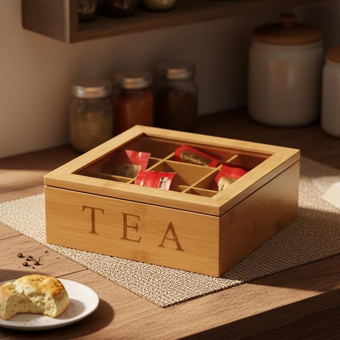 Tea Box Organizer,Bamboo Tea Box Organizer Storage Box,Wooden Teas Bag Storage with 9 Compartments and Clear Glass Cover for Home Office Gift - Image 11
