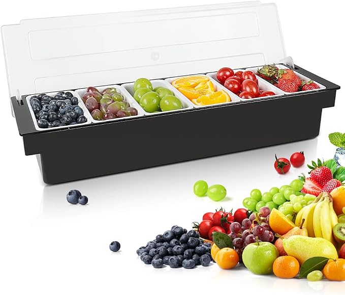 Chilled Condiment Caddy Server With Lid 6 Compartment Garnish Tray | Plastic Condiment Container Garnish Tray For Bartenders,Bar Condiment Fruit Caddy With Lid And Removable Trays by ZXXSFM