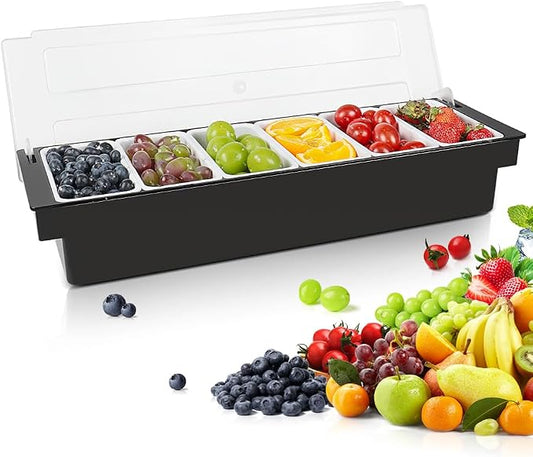 Chilled Condiment Caddy Server With Lid 6 Compartment Garnish Tray | Plastic Condiment Container Garnish Tray For Bartenders,Bar Condiment Fruit Caddy With Lid And Removable Trays by ZXXSFM