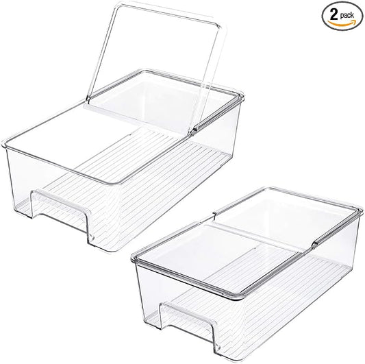 SANNO Vegetable Refrigerator Organizer Food Bins with lids Large Stackable Fridge Clear Organizers Kitchen Cabinet Organizer for Freezer, Kitchen, Countertops, Cabinets Pantry Storage Bins，set of 2 by SANNO