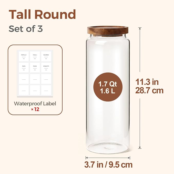 ComSaf Glass Pasta Storage Containers with Acacia Wood Lids 1.7Qt 3Pack | 11.3in Tall jar, for Cooks, Spaghetti Pasta Oats Cereal Beans, Kitchen Pantry Cabinet, Long Canisters with Labels, Durable - Image 3