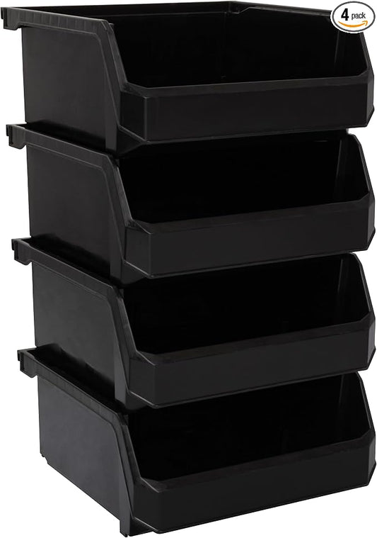 Medium-Wide Stackable Plastic Storage Bins, 4-Pack, Black | Open-Front Stackable Bins For Garage, Pantry, Closet & Office, 11"L X 11"W X 5"H, Nests When Empty, Durable Plastic, by Akro-Mils