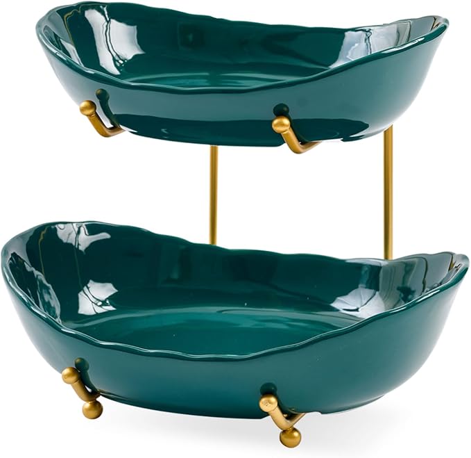 2 Tier Ceramic Fruit Bowl with Gold Metal Stand | Tiered Fruit Basket for Snacks, Nuts, Cake, Dessert (Dark Green) - Image 8