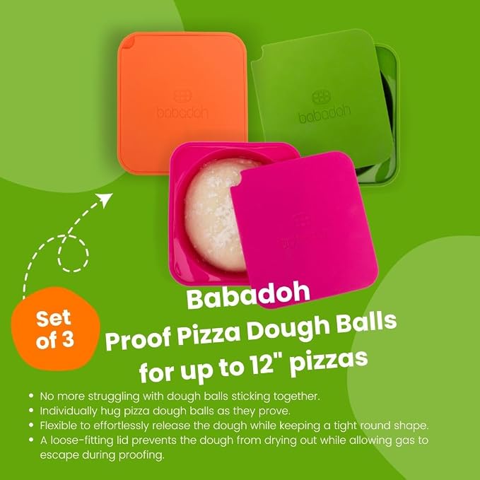 Babadoh Pizza Dough Proofing Silicone Containers with Lids | Pizza Making Accessories | The Perfect Pizza | Set of 3 | Multi Bright (1 Berry, 1 Orange, 1 Lime) | Original Size (make 12" Pizzas) - Image 2