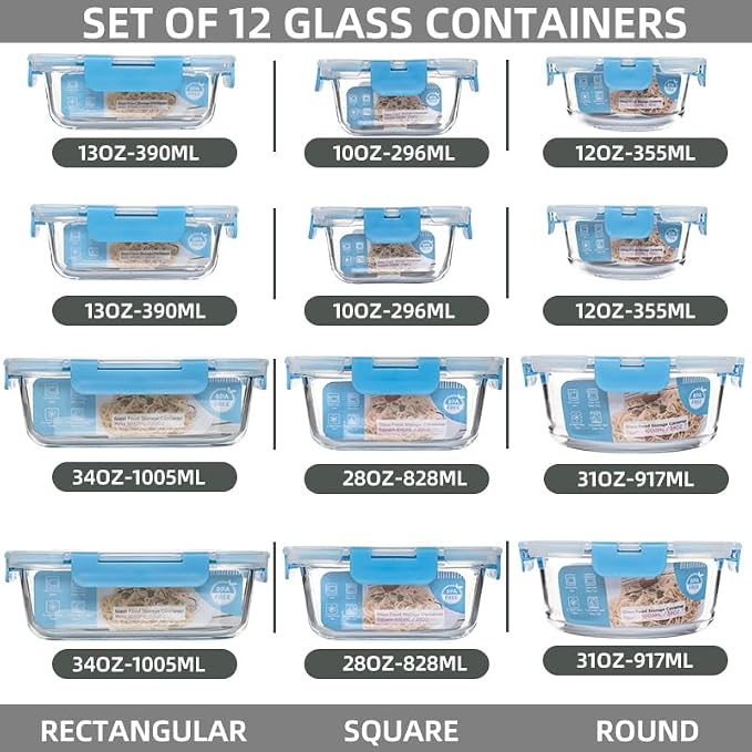 12 Pack Glass Storage Containers Transparent, Stackable Design Meal Prep Containers for Food Storage, Home, Kitchen & Pantry Organization, Microwave/Freezer/Dishwasher Safe - Image 2
