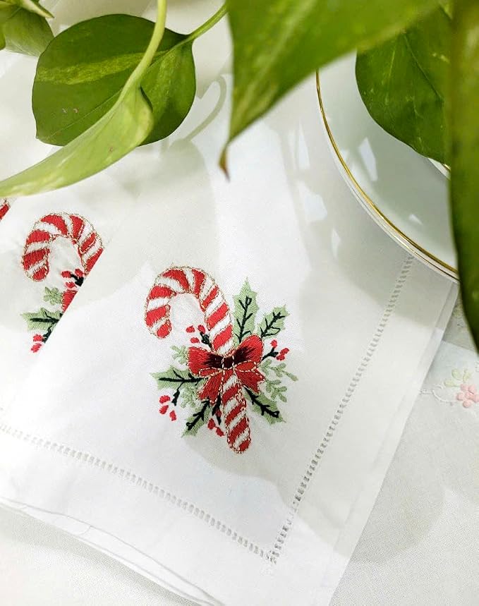Embroidered Cloth Napkin Red Candy Cane and Holly Christmas Cotton Napkins Set of 6, 20x20 Hemstitch Table Napkins Machine Washable, Daily & Christmas, Great Present Ideas - Image 4
