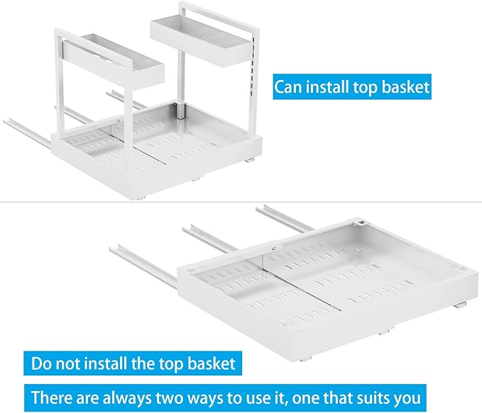 NEWMATIC Adjustable Under Sink Organizer Pull Out Drawers, 2-Tier Slide Out Cabinet Storage Shelf for Kitchen Sink, Height & Width Extendable White, 15''D x 13''-20.5''W x 15''H(1Pack) - Image 4
