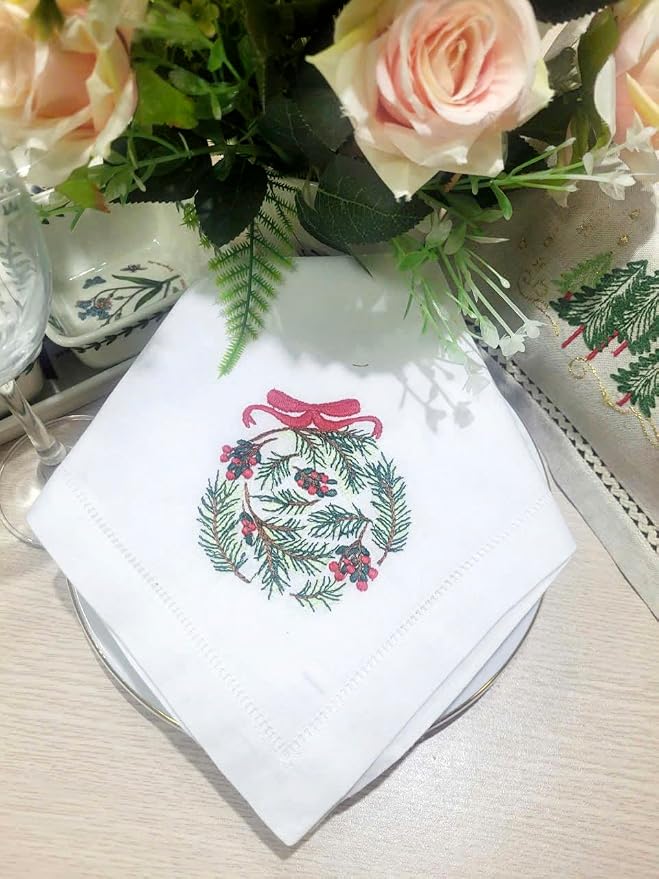 Embroidered Cloth Napkin Pine Ornament Christmas Cotton Napkins Set of 6, 20x20 Hemstitch Table Napkins Machine Washable, Daily & Christmas, Great Present Ideas - Image 2