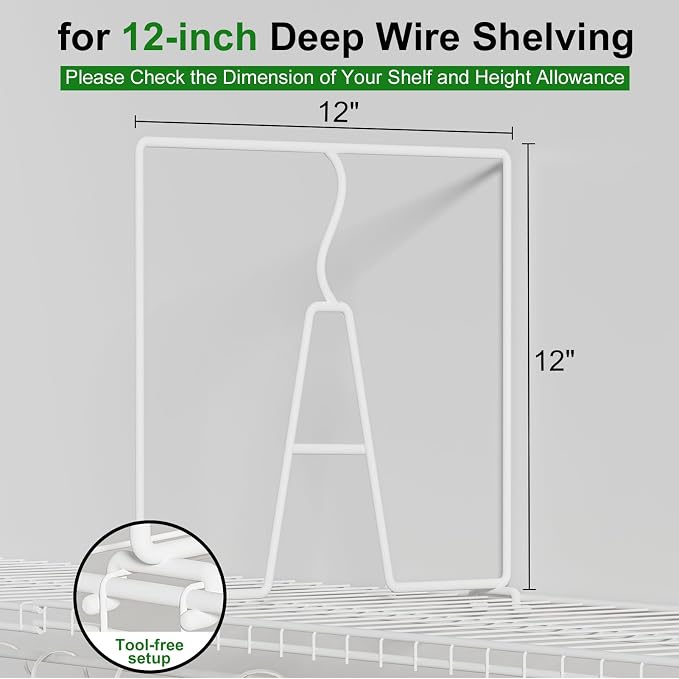 SortNStore Wire Shelf Dividers for Closet: Tall 12in x Deep 12in, 6 Pack | Wire Rack Accessories - Adjustable Purse Organizer for Clothes Handbags - Metal Linen Closet Pantry Separators - Image 2