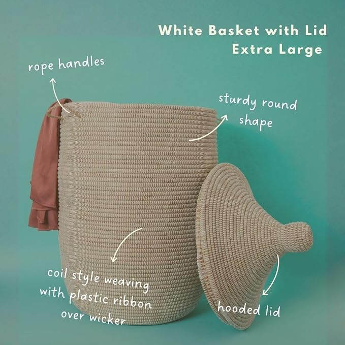 White Wicker Basket, Storage & Organization, Laundry Hamper, Toys Bin, Blanket Storage, Boho Decor, Woven, Round, Hooded Lid, Handles (Extra Large) - Image 3