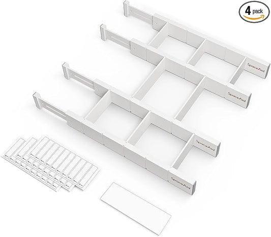 SpaceAid Bamboo Drawer Dividers with Inserts and Labels, Kitchen Adjustable Drawer Organizers, Expandable Organization for Home, Office, Dressers, 4 Dividers with 9 Inserts (17"-22" White) by SpaceAid