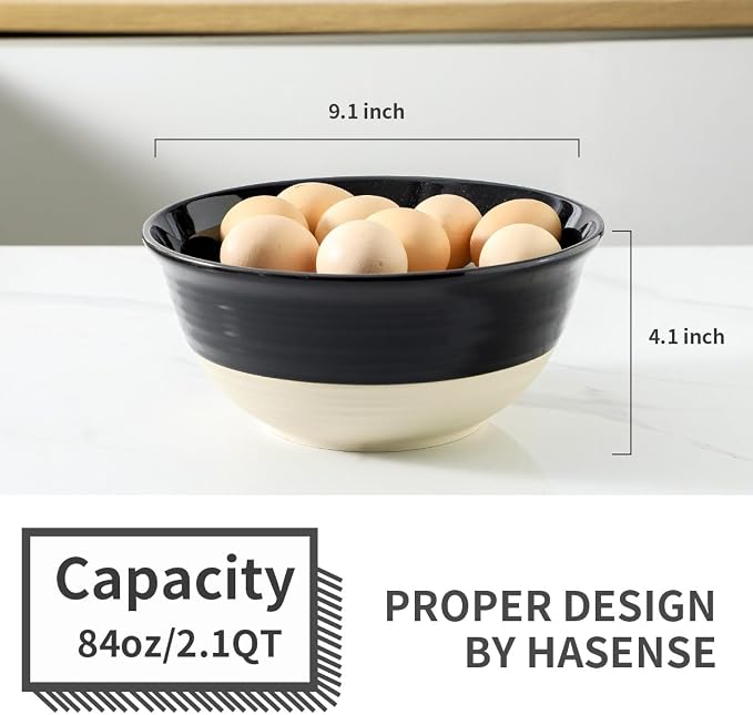 HASENSE Large Ceramic Serving Bowls Set of 2, 84 Oz 9 Inch Black & Beige Stoneware Mixing Bowls, Farmhouse Bowls for Salad, Soup, Popcorn & Baking, Dishwasher & Microwave Safe - Image 3