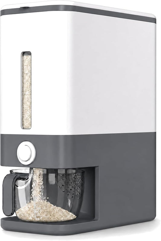 Proarea Rice Dispenser 25 Lbs, Airtight Grain Rice Storage Container with Measuring Cup, One-Touch Dry Food Dispenser for Kitchen Pantry, Clear Scale Window, Graphite Gray by Proarea