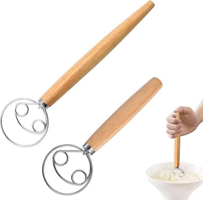 Danish Whisk 2 Pieces Danish Dough Whisk (33 cm & 24 cm) Stainless Steel Wire with Comfortable Wooden Handle Dutch Whisk for Making Cakes Cooking and Baking Sweets by Niaciswe