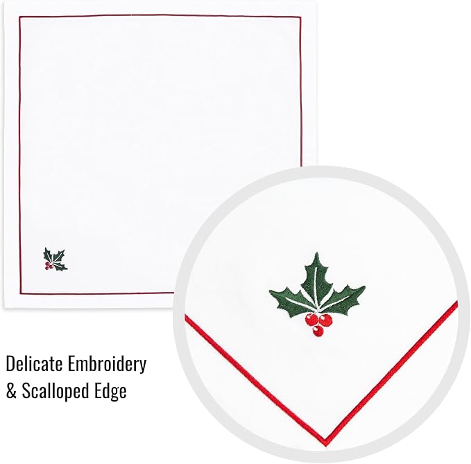 Hofdeco Premium Classic Christmas Holiday Cotton Cloth Napkins Set of 4, Washable Dinner for Christmas, Events, Parties, Embroidered Holly Red Green, 20"x20" - Image 5