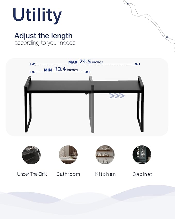 Nxconsu Expandable Shelf for Cabinets, Cabinet Shelf Riser, 10.3" Black | Heavy-Duty Organizer Metal Dish Riser for Cabinets Holds 50LBS and Expands 13.4 to 24.5 in for Kitchen Pantry Plate Mug Spice - Image 5