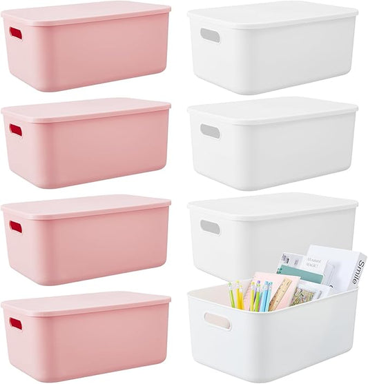 8 Pieces Colorful Storage Bins with Lid, Plastic Storage Basket Organizing Container Stackable Box with Handle for Shelves Desktop Playroom Office(13.8 x 9.8 x 5.9 Inch,White and Pink) by Hoolerry