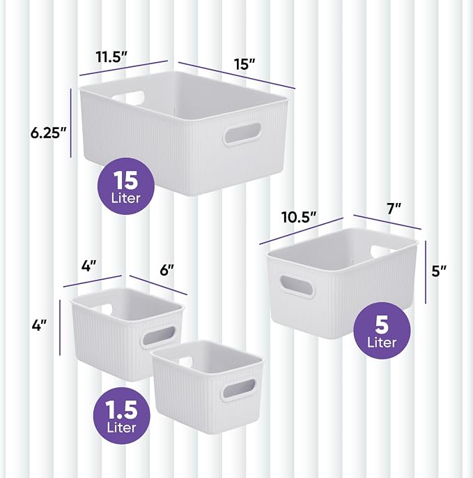 Superio Ribbed Collection - Decorative Plastic Basket Open Home Storage Bins Organizer, White Smoke (Set of 4) 1 Large, 1 Medium, 2 Small - Containers for Organizing Closet Storage Bins for Shelves - Image 2
