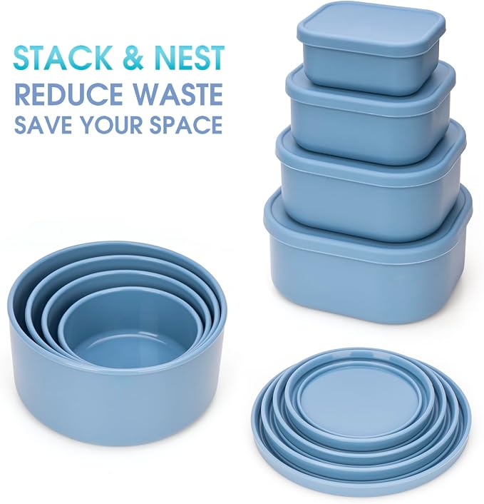 100% Silicone Food Storage Containers with Lids, 8 Pack, 10oz to 51oz, Reusable Leakproof Nesting & Stackable Silicone Bento Lunch Box, Microwave Freezer Dishwasher Oven Safe, BPA Free, Slate Blue - Image 4