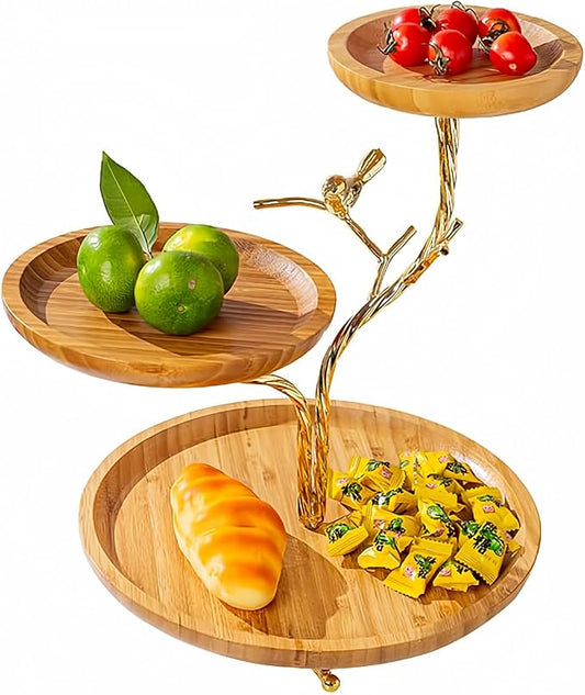 3-Tier Fruit Basket Electroplating Metal Stand Decorative Fruit Bowl Rack Bamboo Wooden Storage Trays Table Countertop Holder for Vegetables Bread Snack for Kitchen Home Use, Gold (Type D) by LANDTOM