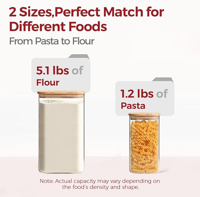 Glass Flour Containers with Bamboo Lids 1.6/4.6 Qt 2 Pack | Wide Mouth, Scoop Included, Kitchen Organizer，Flour Sugar Coffee Beans Pasta Cereal Dry Food Storage - Image 3