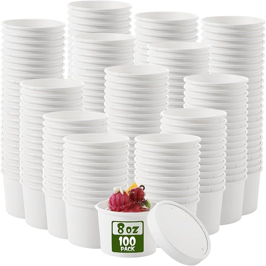 Fulmoon 100 Pack Paper Soup Containers with Lids Disposable Paper Food Containers with Vented Lid Kraft Ice Cream Cake Dessert Cups Soup Bowl for Party Hot Food Fruit Microwave(8 oz,White) by Fulmoon