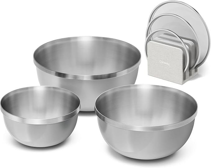 Caraway 7-Piece Mixing Bowl Set with Lids and Lid Storage Organizer | 6 qt, 4 qt, 2 qt Stainless Steel Bowls with Tempered Glass Lids, Non-Toxic, PFAS-Free, Gray by Unknown
