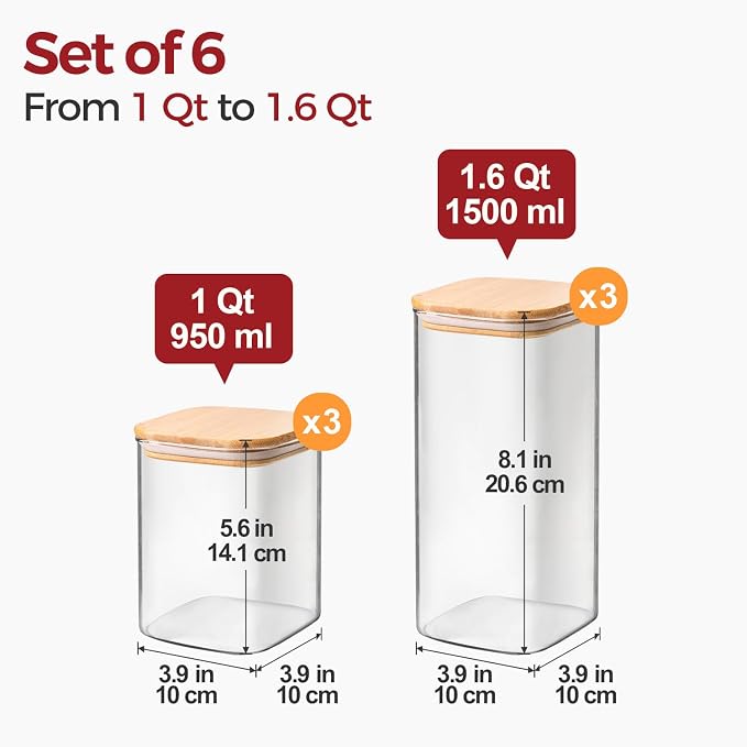 Glass Pantry Storage Containers with Lids 1/1.6 Qt 6 Pack Square | Pantry Organization, Stackable Design, Flour Sugar Coffee Beans Pasta Cereal Dry Food Storage,Kitchen Cabinet Organizer - Image 2