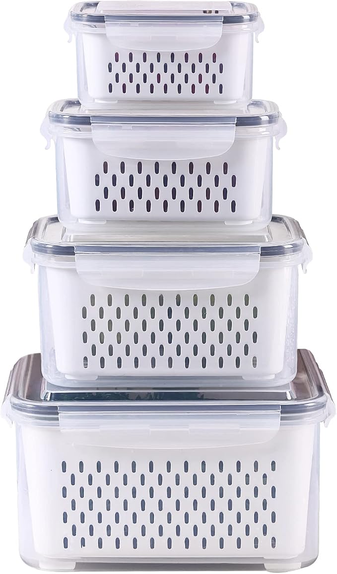 4 Pack Large Fridge Food Storage Container Set with Lids with Strainer, Fruit Vegetable Storage Containers Keep Fruits, Vegetables, Berry, Meat Fresh longer , BPA-Free Plastic Produce Keepers by Ronanemon