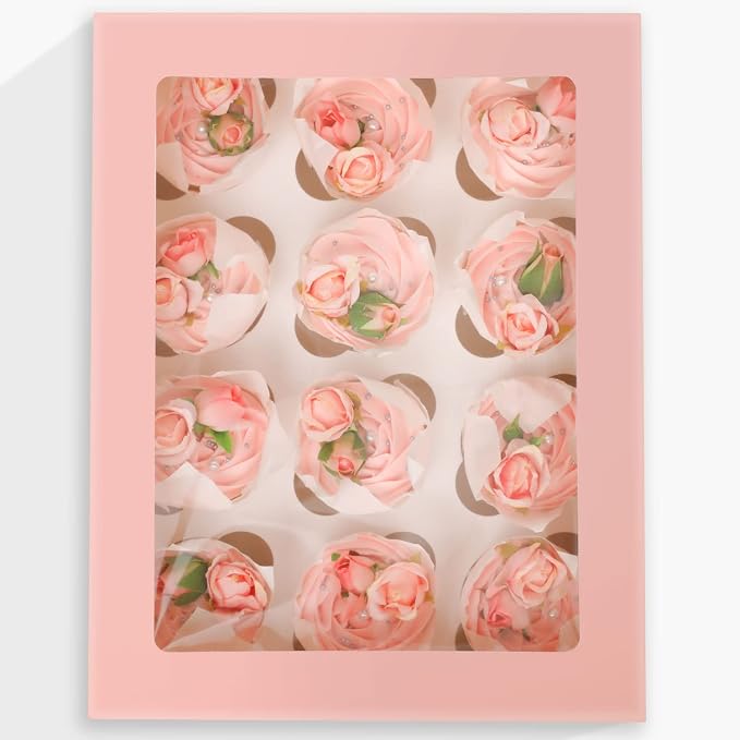 qiqee Auto-pop Up Cupcake Boxes with Window Pink 40PCS 12 Count Cupcake Box 13"x10"x3.5" Cupcakes Carrier, 12 Cupcake Containers with 2 rolls of pink ribbons - Image 2