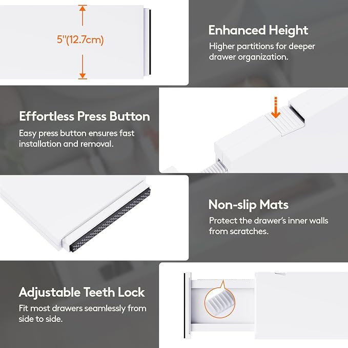Lifewit 5" Tall Upgrade Drawer Dividers, Adjustable Deep Drawer Organizer | 13.5"-22" Expandable White Drawer Separator for Clothes, Dresser/Kitchen/Closet/Bedroom/Office Organization & Storage, 5 Pack - Image 6