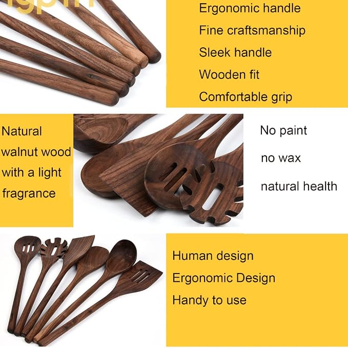 4 Pcs Black Walnut Kitchen Utensils Set, Natural Walnut Wood Cooking Tools for Heat Resistant NonStick Cookware Spatula Turner Solid Spoon Slotted Spoon Wooden Kitchen Utensils Set for Cooking - Image 7