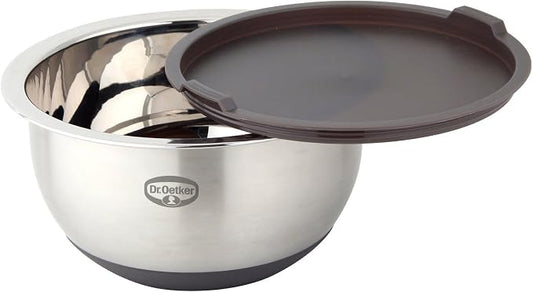 Dr. Oetker Mixing Bowl with Lid 5 L Back Fun, Mixing Bowl with Non-Slip Silicone Base and Flat Pouring Rim, Bowl Made of High-Quality Stainless Steel, Silver/Grey/Brown, Dishwasher Safe by Dr.+Oetker
