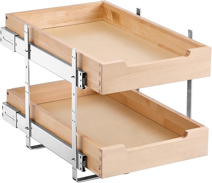 VEVOR 2 Tier Pull Out Cabinet Organizer, 14" W x 21" D Cabinet Drawer, Soft Close Slide out Shelf, Heavy-Duty Sliding Wood Drawer, Adjustable Base Cabinet Organization for Kitchen Pantry Bathroom - Image 9
