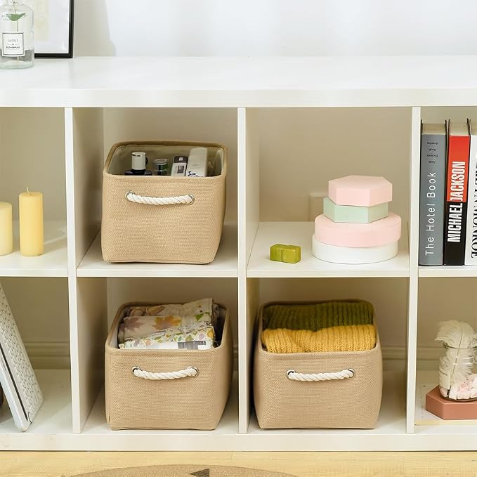 Storage Bins for Shelves - Medium 3Pack 13.8L*9.8W*6.7H inch Canves Storage Basket for Organizing, Fabric Storage with Handles for Clothes Baby Dog Toys(Beige) - Image 2