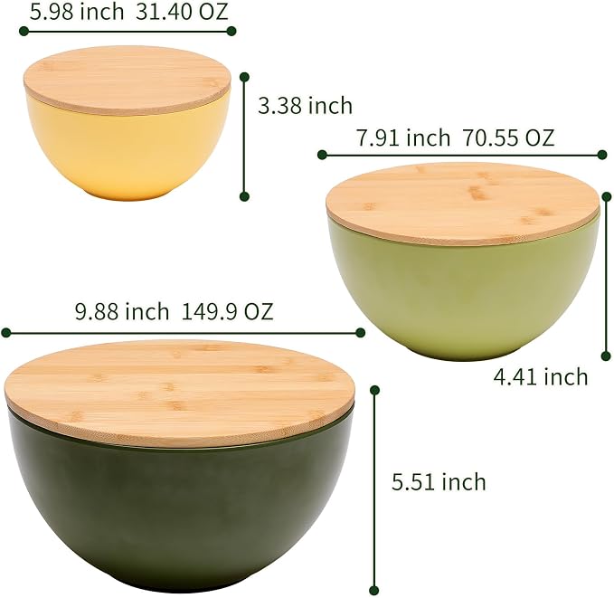 ECOWAY Salad Bowl Set of 3 with Bamboo Lids, Mixing Bowl Set, Nesting Bowls for Space Saving Storage, Made with Durable Eco-Friendly Bamboo Fiber, Great for Prepping and Serving Food (3 Colors) - Image 5