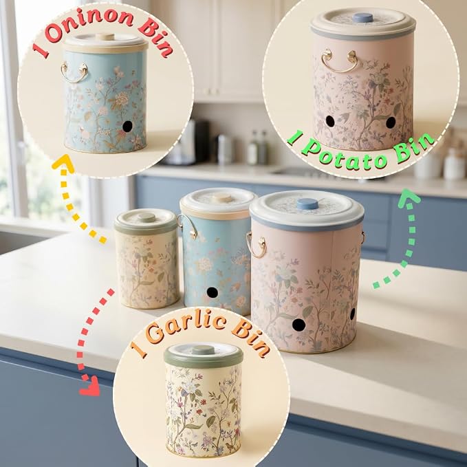 MARIA ROMA Metal Potato and Onion Storage Bin Set of 3 with Garlic Keeper - Vintage Metal Kitchen Canisters, Vegetable Storage Containers - Farmhouse Rustic Pantry Organization - Image 2