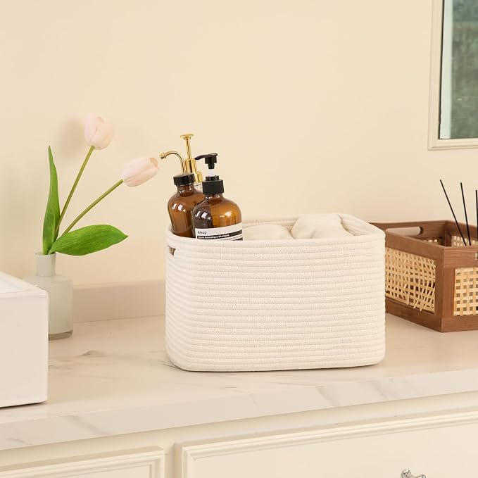 OIAHOMY 4 Pack Storage Baskets for Organizing, Cube Storage Bins for Shelves, Rectangle Storage Baskets With Handles, Woven Baskets for Storage, 16''Lx12''Wx8''H, White - Image 4
