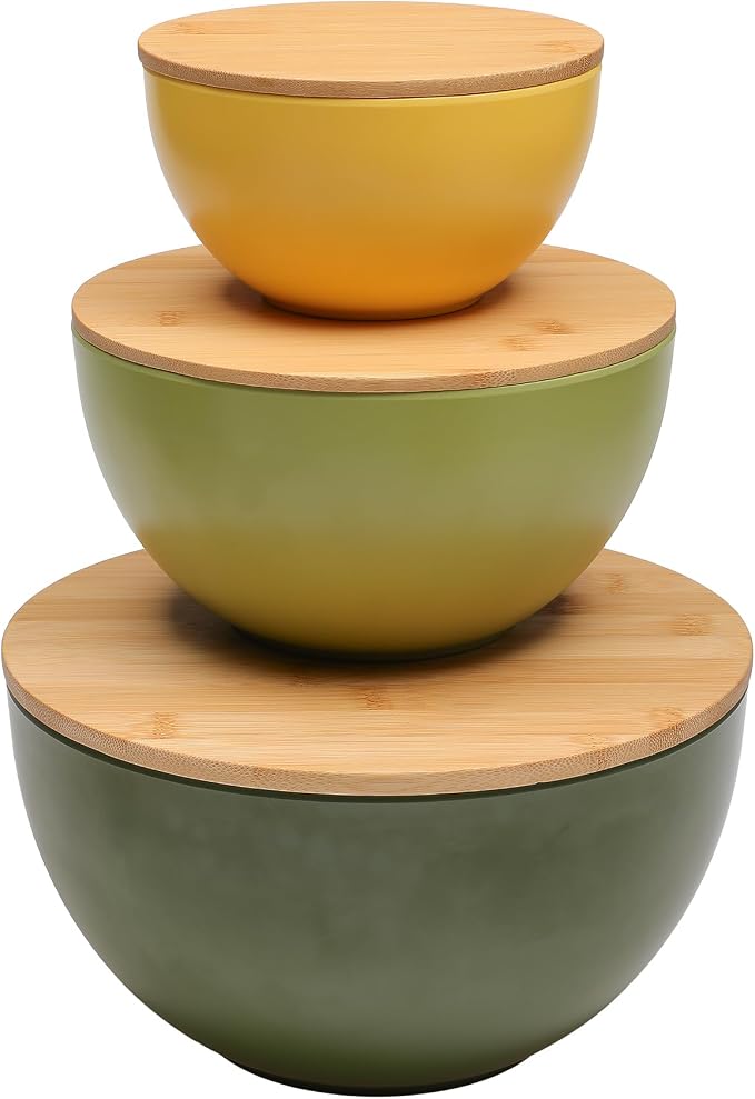 ECOWAY Salad Bowl Set of 3 with Bamboo Lids, Mixing Bowl Set, Nesting Bowls for Space Saving Storage, Made with Durable Eco-Friendly Bamboo Fiber, Great for Prepping and Serving Food (3 Colors) by ECWAY