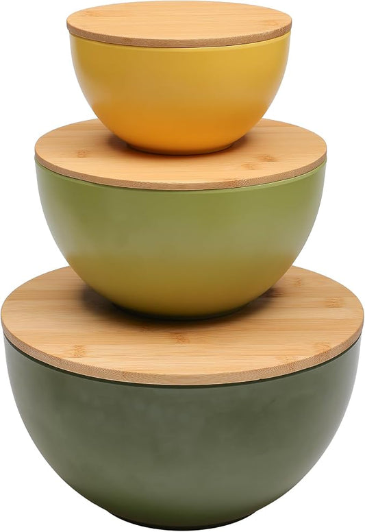 ECOWAY Salad Bowl Set of 3 with Bamboo Lids, Mixing Bowl Set, Nesting Bowls for Space Saving Storage, Made with Durable Eco-Friendly Bamboo Fiber, Great for Prepping and Serving Food (3 Colors) by ECWAY